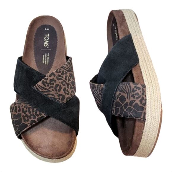 Toms Paloma leopard print Platform black suede strappy sandals slides size 8 - Picture 1 of 8